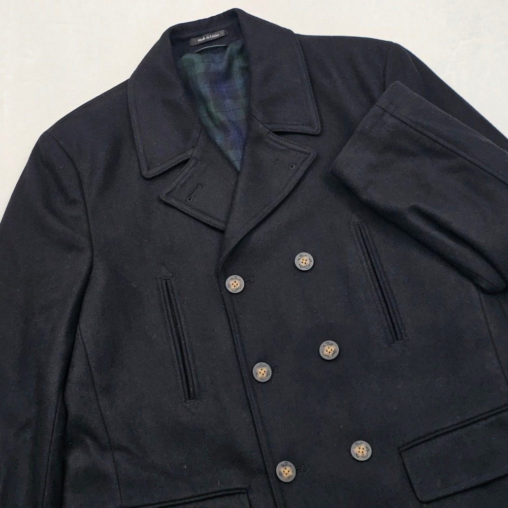 Lauren Ralph Lauren Peacoat Mens 46R Jacket Black Wool Plaid Lining Nautical